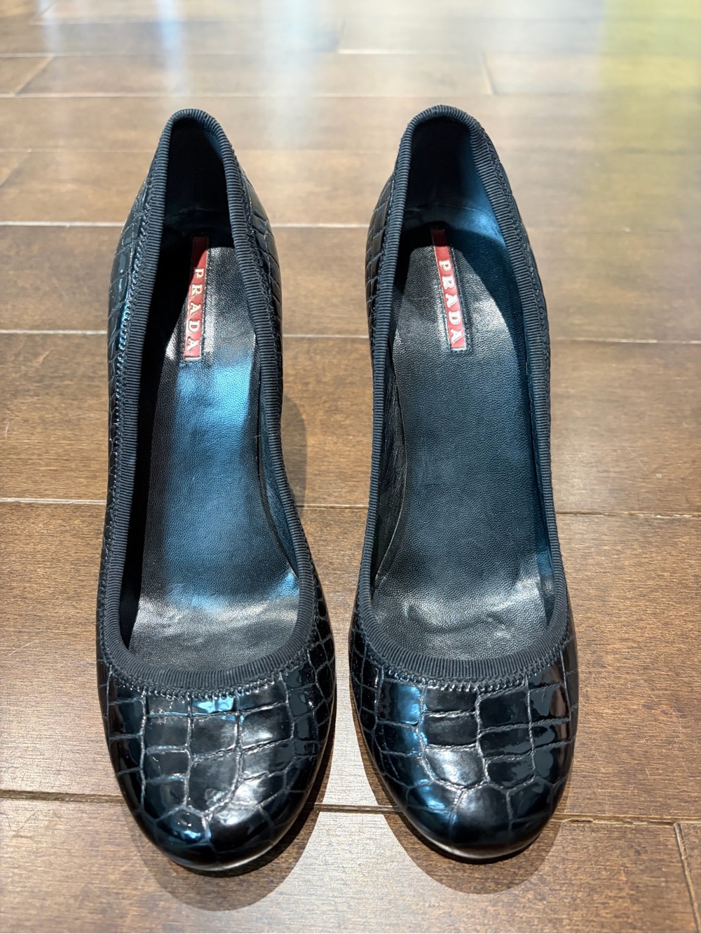 Prada Black Croc-Embossed Patent Leather Pumps